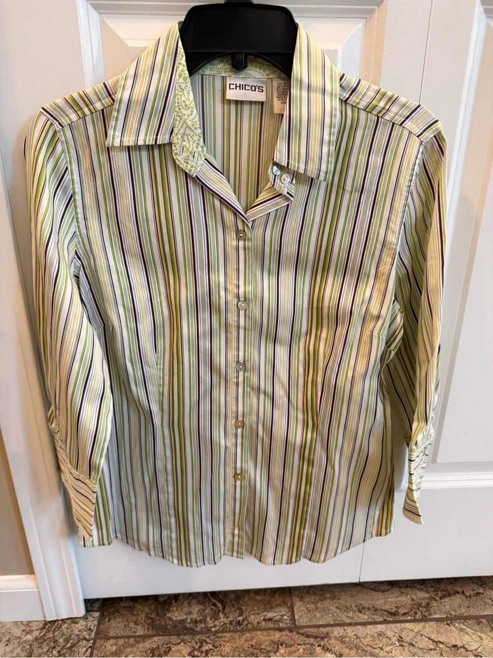Chico's Women's Green Multi-Stripe Dress Shirt